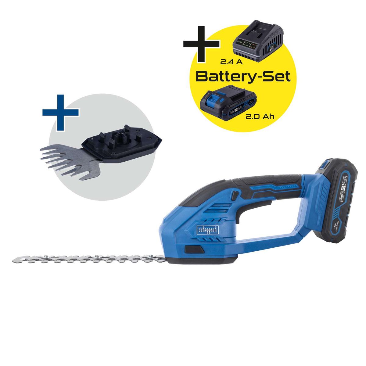 Scheppach cordless grass and shrub shears set with 2Ah battery and charger, including replacement blades