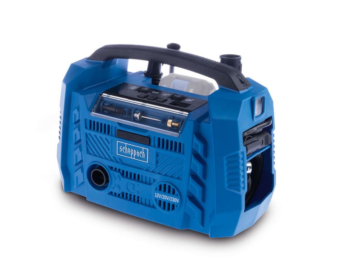 Scheppach Hybrid Compressor Airforce 6, oil-free, featuring 2 USB ports and multiple drive options
