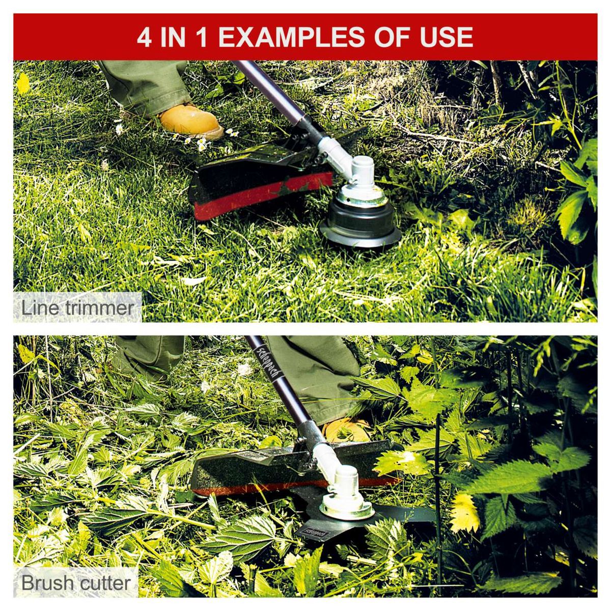 Multifunctional petrol-powered tool showing strimmer attachment
