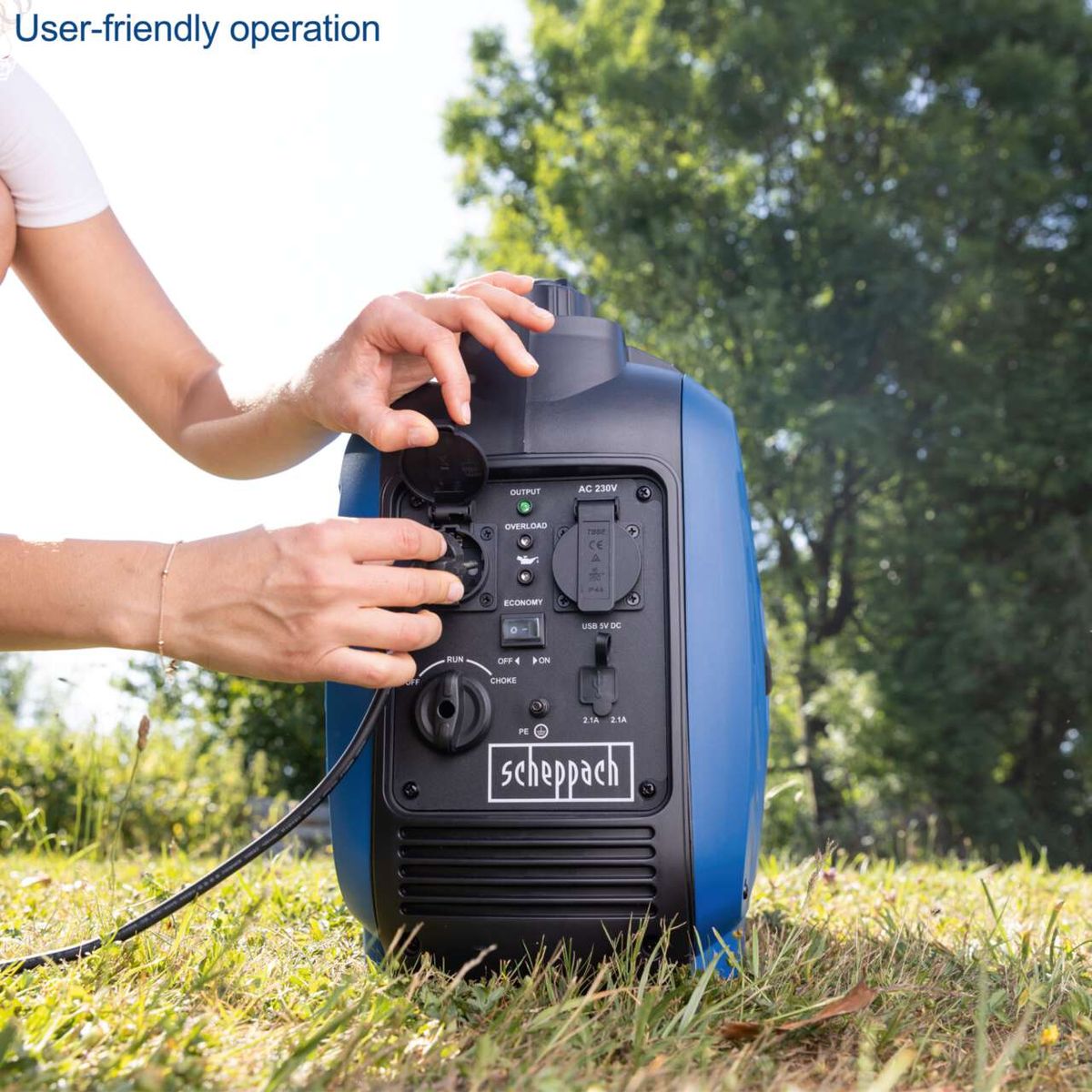 SG2500i inverter generator featuring dual 230V outlets and USB ports, controlled via switch with overload protection