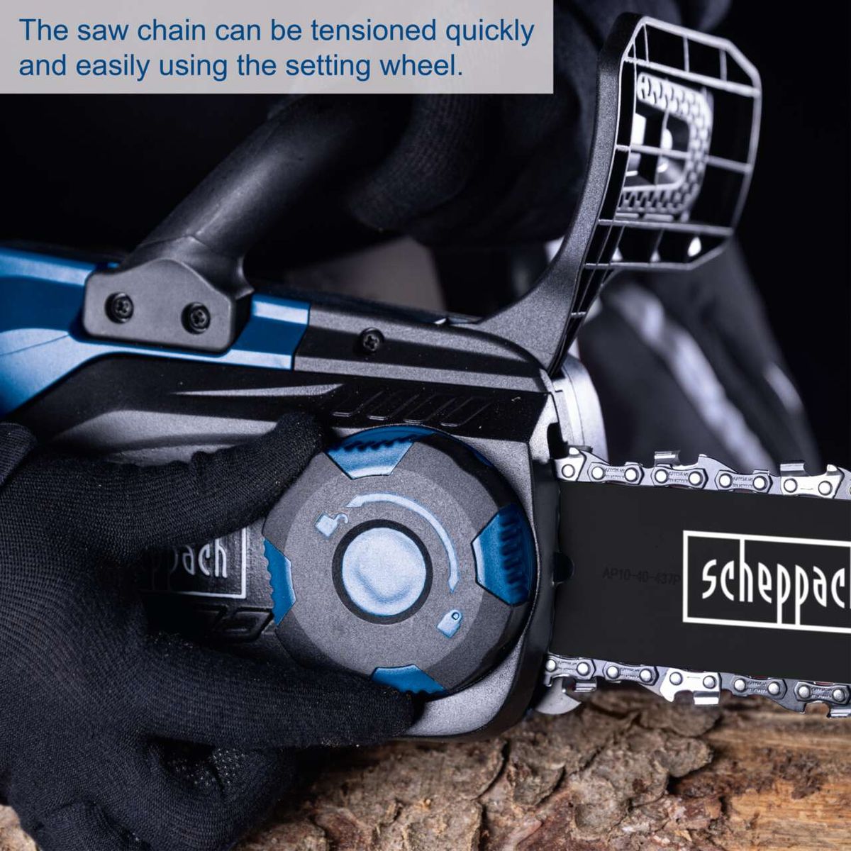 Scheppach cordless chainsaw featuring quick tensioning for the saw chain using a setting wheel