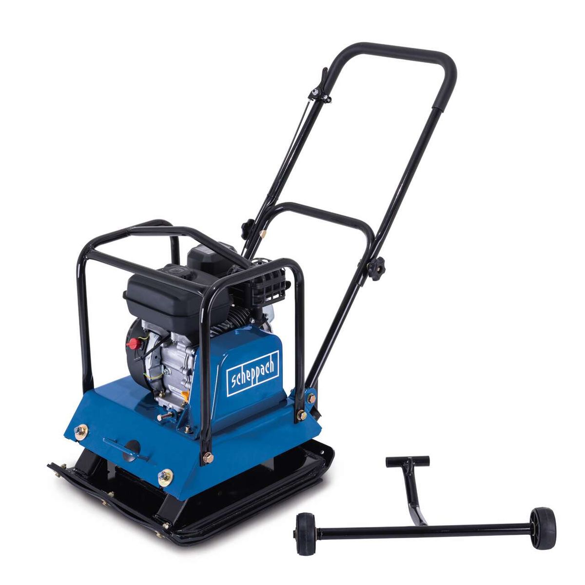 Scheppach vibrating plate with base frame, wheels, and rubber mat, including handle and steering arm for alignment