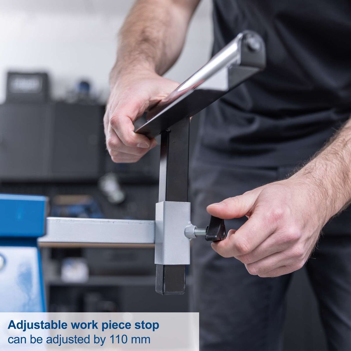 Adjustable work piece stop with 110 mm adjustment for mitre saw stand