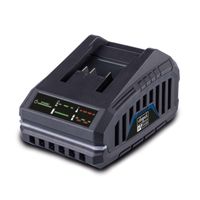 Scheppach battery charger with LED display showing charging times for 20V batteries