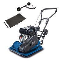 Scheppach petrol-powered vibrating plate compactor with base mat and handling frame, including spare parts and accessories