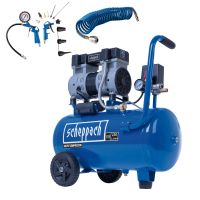 Scheppach HC26Si silent air compressor set with 230L/min capacity, including accessories like hose, pressure gauge, tool kit, and quick-release fitting
