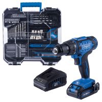 Scheppach tool set featuring cordless drill/driver with tool box containing screws, drills, and bits