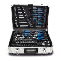 Scheppach TB150 tool kit case containing a 101-piece tool set including sockets, wrenches, pliers, and specialized tools for mechanical repairs and assembly tasks.