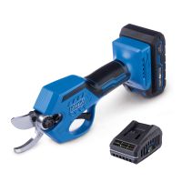Scheppach cordless pruning shear set with 2.4A charger and 2Ah battery, featuring ergonomic handle