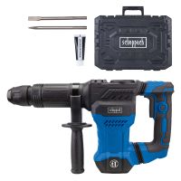 Scheppach demolition hammer with SDS-Max attachment, toolbox, and screwdriver, featuring vibration damping and sturdy build