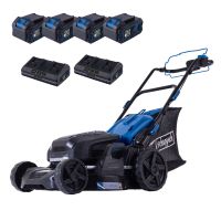 Scheppach 47cm Cordless Lawnmower with 4x 4Ah batteries and 2 chargers, featuring LED lighting and variable drive wheels