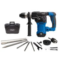 Scheppach electric hammer drill DH1500 Plus with SDS-Plus attachment, including tool case, drill bits, and accessories set.