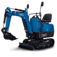 Mini excavator EXC815 with chain drive and seat, front view showing arm position