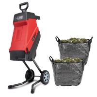 Scheppach electric garden shredder with 2400W capacity, featuring a 45-litre bag and transport wheels