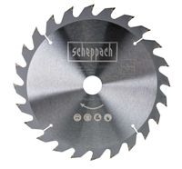 Scheppach circular saw blade with 24 teeth, 250 mm diameter, featuring order number and safety icons