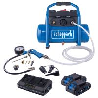 Cordless compressor set with 11-piece accessory kit, including 2x 2Ah batteries and dual charger for Scheppach C-ACT160/6-X