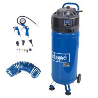 Scheppach air compressor with 50-litre tank, 2.0 HP, 220 litres/minute, including air hose, wrench set, and accessories