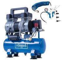 Scheppach air compressor with tank, motor, and control unit, including fittings and pressure gauge