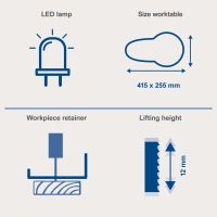 Key technical feature illustrations: worktable size, workpiece retainer, cutting height, and LED work light