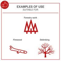 Examples of typical uses: forestry work, wood processing for firewood and branch trimming (delimbing)