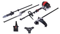 Scheppach 4-in-1 petrol-powered tool set with starter cord, chainsaw attachment, drill bit holder, and wrench socket