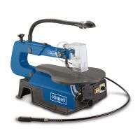 The Scheppach DECO-FLEX scroll saw features a 50mm cutting height, 125W power, a 45° table tilt, and 1600RPM speed.