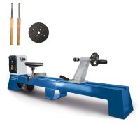 Scheppach wood lathe DM1100T with included accessory set: lathe bed, tool carriage, spindle mount, and carving tools
