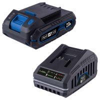 Scheppach power tool with 20V battery and LED display showing battery status and rotation direction