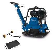 Scheppach plate compactor with handle, rubber mat, and steering wheel assembly, including engine and mechanism