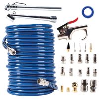 Scheppach compressed air accessory set with hoses, adapters, nozzles, and hand wrench