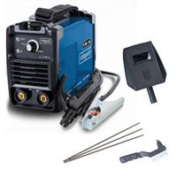 WSE1000 inverter welder (10–130A output) with plug set, electrode holder, and anti-stick tool