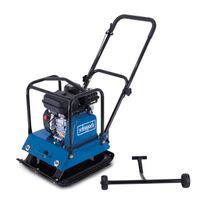 Scheppach vibrating plate with base frame, wheels, and rubber mat, including handle and steering arm for alignment