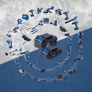 Scheppach 20V cordless drill and accessories. Various tools and batteries are shown arranged in a circle.